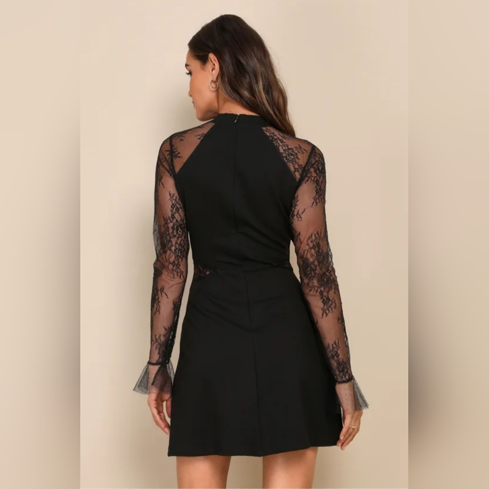 #199 Bragging Rights Black Lace Long Sleeve Skater Dress - Picture 3 of 4